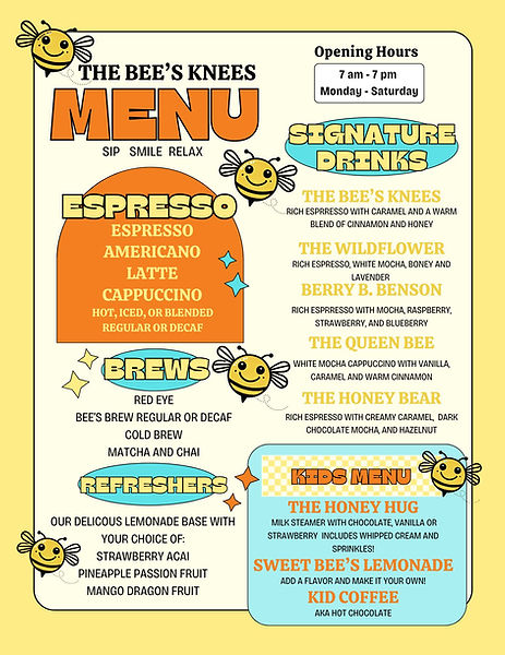 The Bees Knees Play Cafe Menu