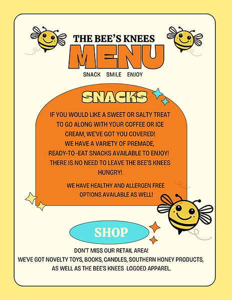 The Bees Knees Play Cafe Snacks Menu